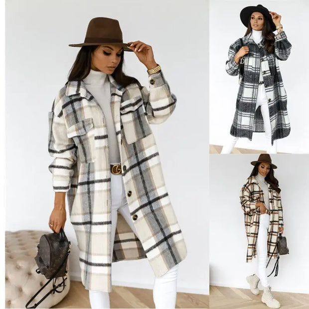 Winter Checked Jackets Coats Women Fashion Casual Oversized Turn