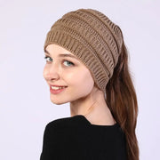 Women Autumn Winter Ponytail Beanie Hat Solid Color Lady Stretc Hat