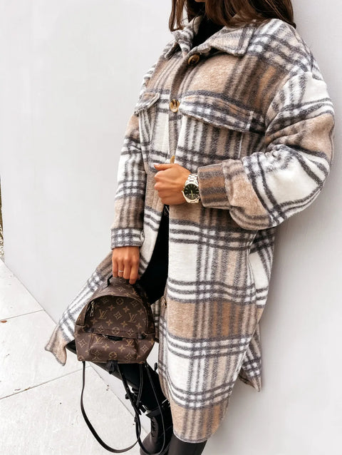 Winter Checked Jackets Coats Women Fashion Casual Oversized Turn