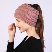 Women Autumn Winter Ponytail Beanie Hat Solid Color Lady Stretc Hat