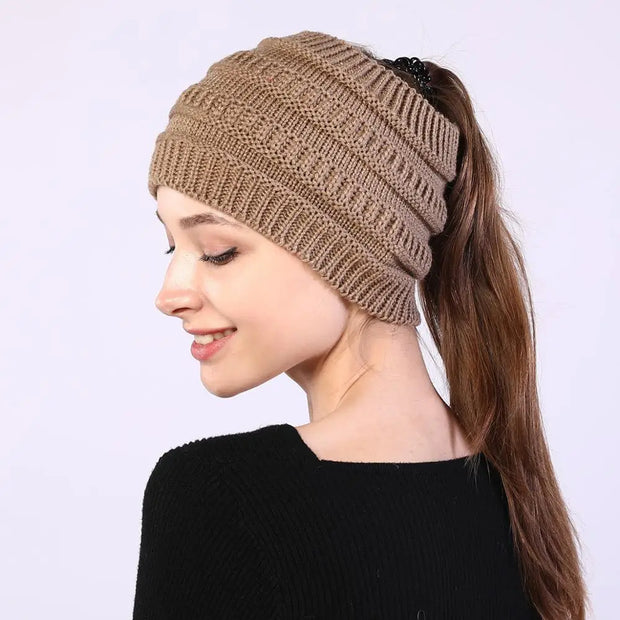 Women Autumn Winter Ponytail Beanie Hat Solid Color Lady Stretc Hat