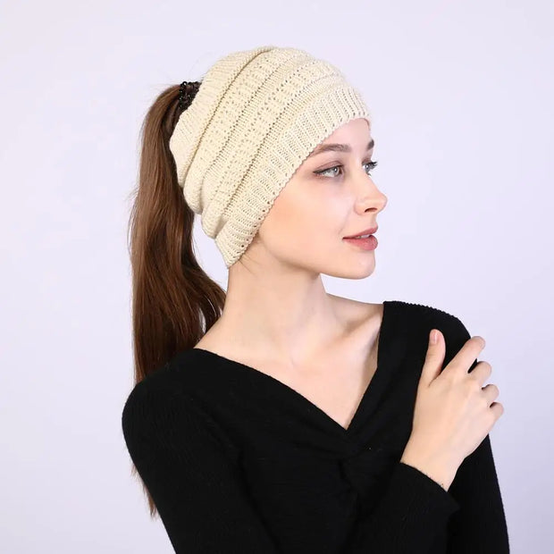 Women Autumn Winter Ponytail Beanie Hat Solid Color Lady Stretc Hat