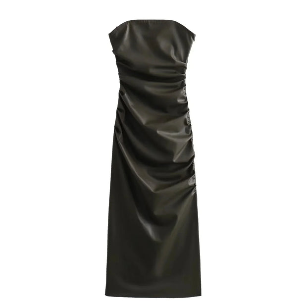 Black Beige White Strapless Faux Leather Womens Dresses 2023