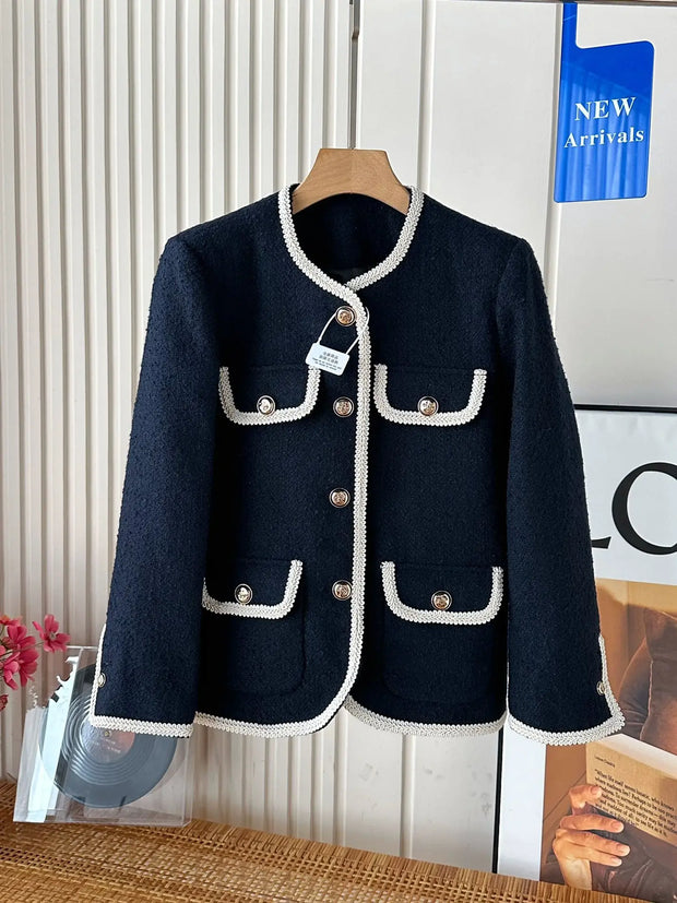 Tweed Single-Breasted Women Jacket Elegance Vintage Coat Outwear