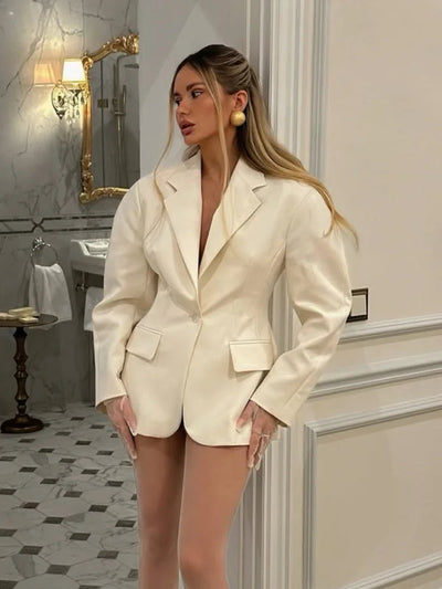 Chic Elegant White Waist Cinched Lapel Suit Jacket Fashion