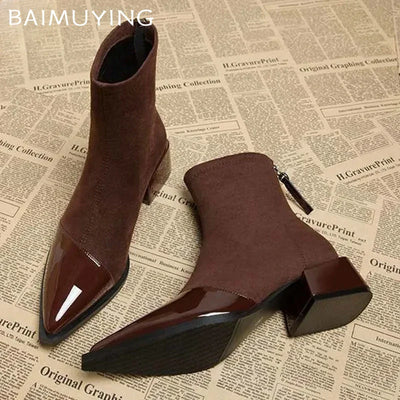 Ankle Boots Women Chunky Mid Heels Shoes Woman Pointed Toe 2024