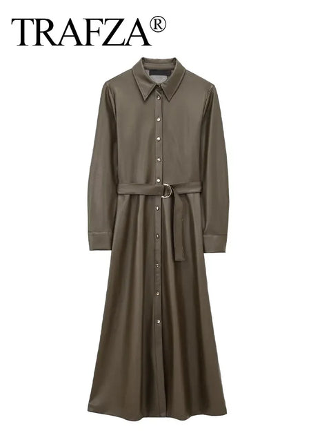 Faux Leather Shirt Style Female Belted Lapel Long Sleeve Dress