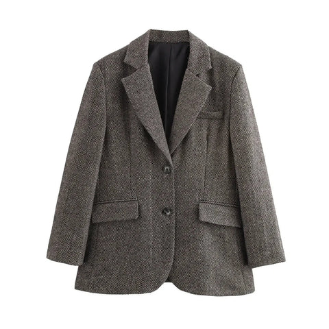 Fashion Herringbone Wool Blazer Female Retro Casual Versatile Turn