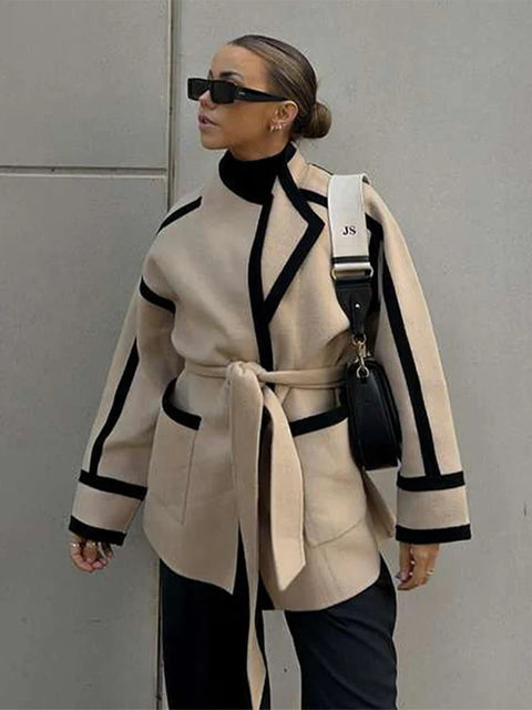 Spliced Contrast Woolen Coat Women Long Sleeve Thicken Jacket