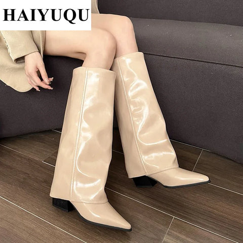 Knee High Heels Women Boots Leather Chunky Fashion Shoes