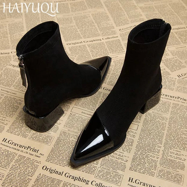 Pointed Toe Women Snow ankle Boots Suede Mid Heels Shoes