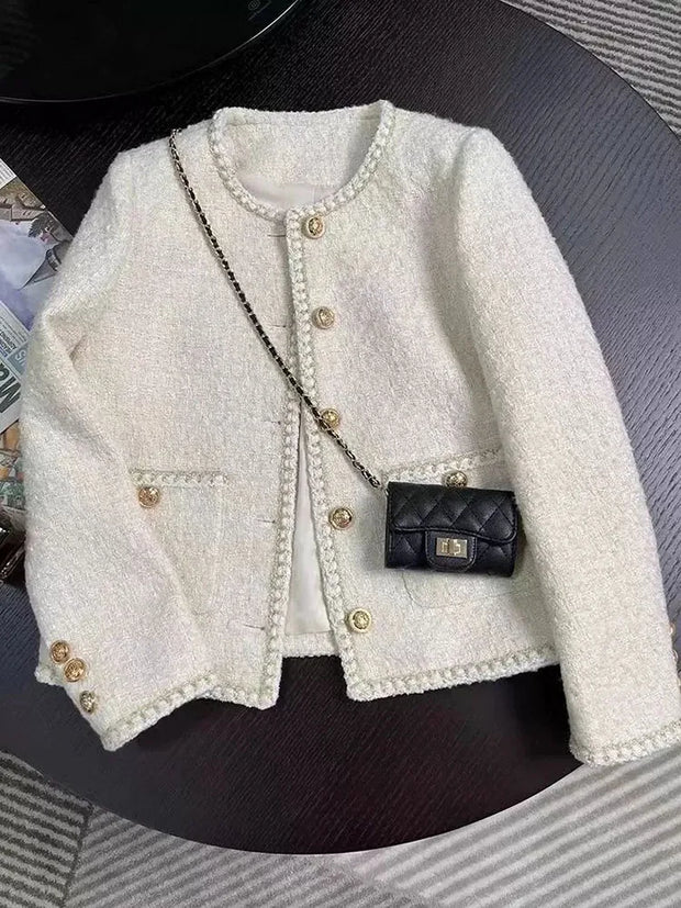 Chic White Tweed Jackets Women Long Sleeve Sweet Coat Fashion