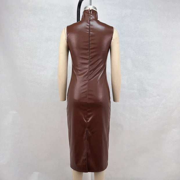 Fashionable Solid Color Dark Brown High Neck PU Leather Sleeveless