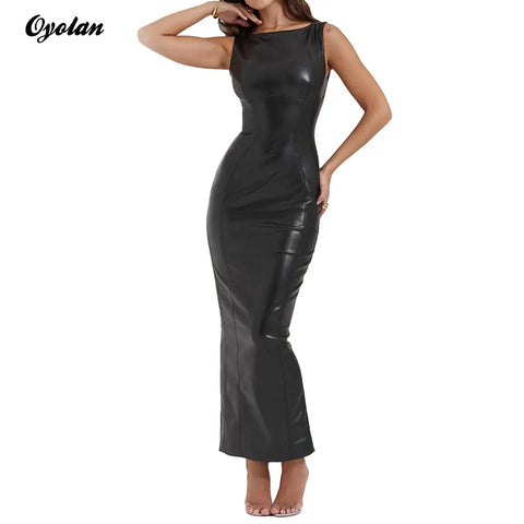 Womens Leather Bodycon Dress Sleeveless High Waist Back Split Dress