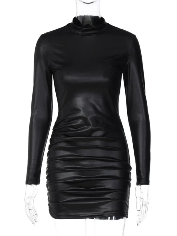 Sexy Imitation Leather Folds Slim Bodycon Dress Women Soild Color