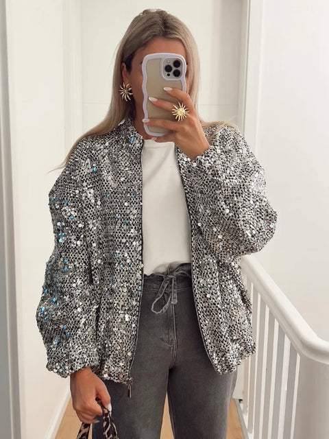 Women Fashion Sliver Sequins Patchwork Short Coats Elegant Zipper