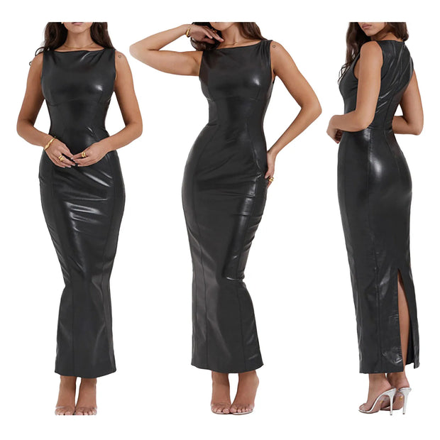 Womens Leather Bodycon Dress Sleeveless High Waist Back Split Dress