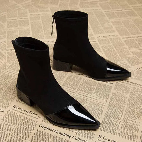 Ankle Boots Women Chunky Mid Heels Shoes Woman Pointed Toe 2024