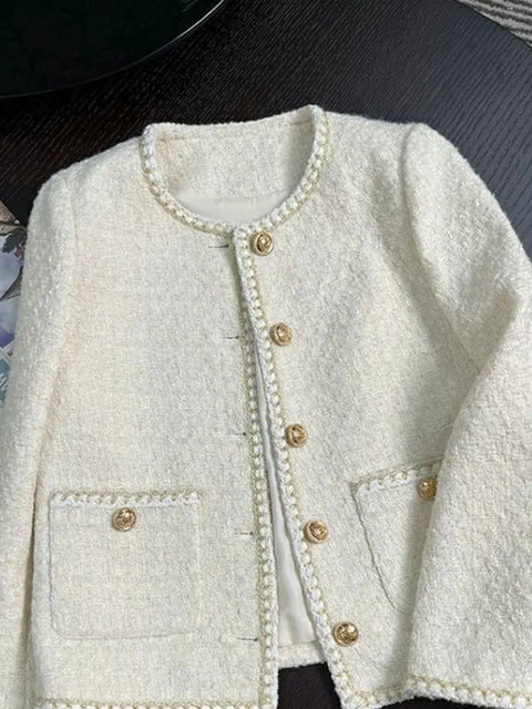 Chic White Tweed Jackets Women Long Sleeve Sweet Coat Fashion