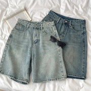 Retro Denim Shorts Women High Waist Loose Leg Straight Short Pants