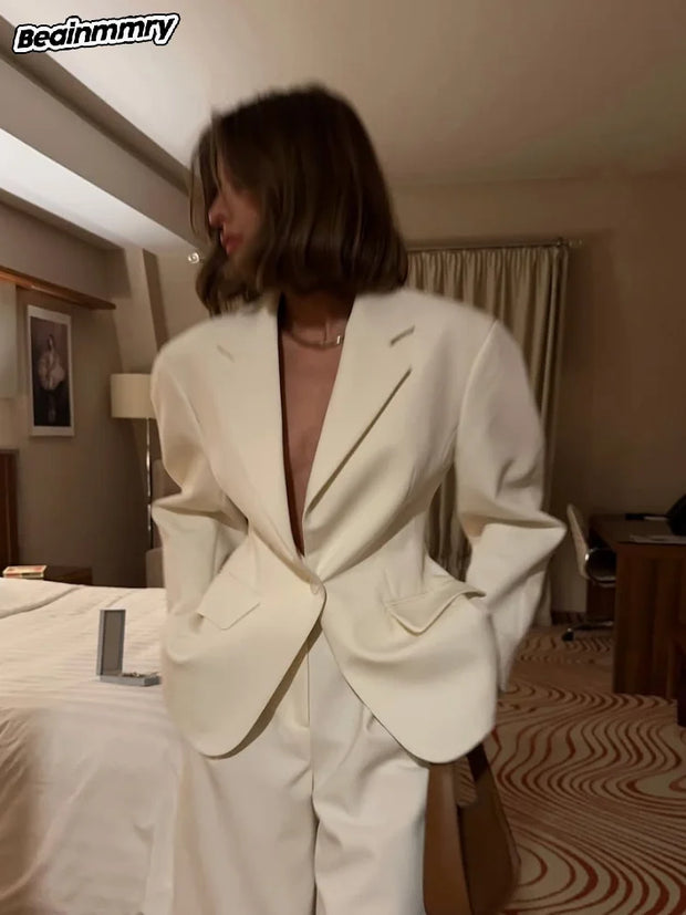 Chic Elegant White Waist Cinched Lapel Suit Jacket Fashion