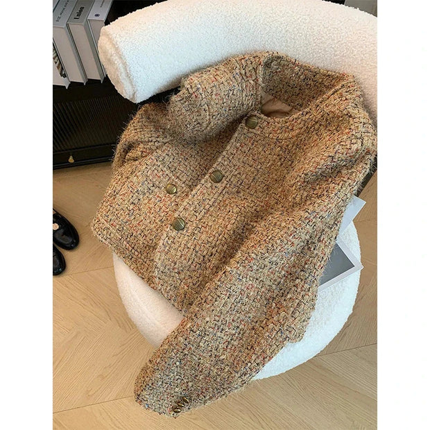 Vintage Tweed Jacket Women Elegant Cropped Coat Korean Long Sleeve