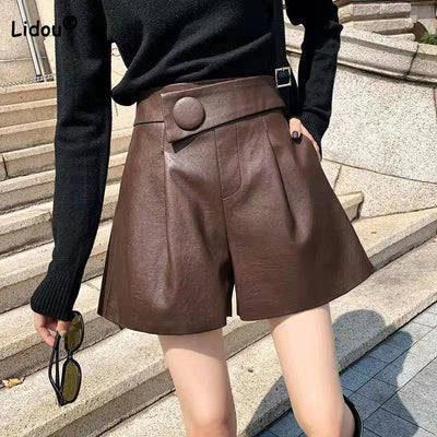 Korean Loose Solid Color Leather Shorts Autumn Winter Women'