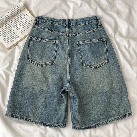 Retro Denim Shorts Women High Waist Loose Leg Straight Short Pants