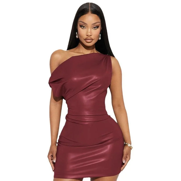 Shoulder Leather Dress Women Sexy Solid Tight Pleated Short Dress