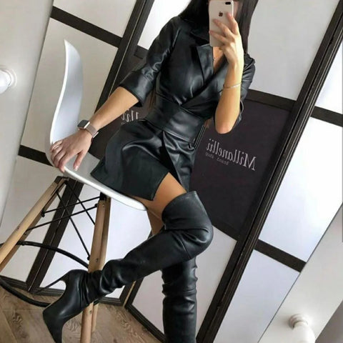 Neck Long Sleeve Sashes Mini Party Night Elegant Leather Solid Dress