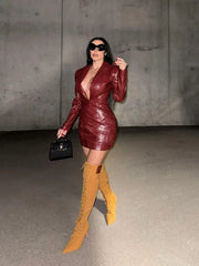 Red Lattice Leather Mini Dress Fashion Long Sleeve High Waist Dresses