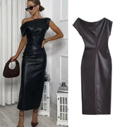 Black Faux Leather Asymmetrical Dress Women Sexy Casual Dresses