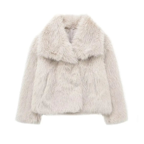 Women Fashion Cropped Faux Fur Long Sleeve Front Snap-button Outerwear