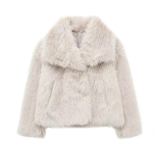 Women Fashion Cropped Faux Fur Long Sleeve Front Snap-button Outerwear