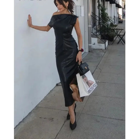 Black Faux Leather Asymmetrical Dress Women Sexy Casual Dresses