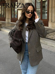 Fashion Herringbone Wool Blazer Female Retro Casual Versatile Turn