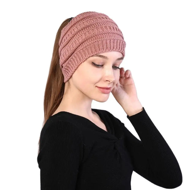 Women Autumn Winter Ponytail Beanie Hat Solid Color Lady Stretc Hat