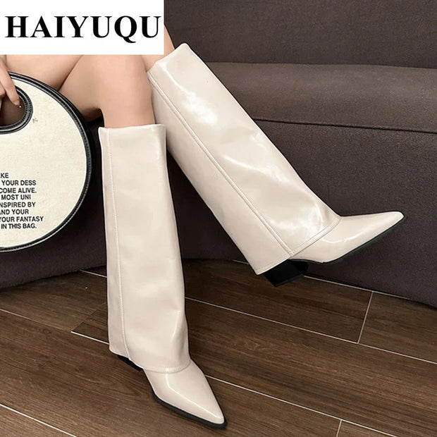 Knee High Heels Women Boots Leather Chunky Fashion Shoes