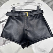 PU Female Leather Shorts Solid Color High Waist Metal Belt Short Pants