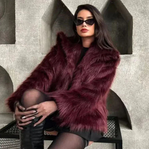 Fur Coat Women 2024 Plush Burgundy Bomber Jacket