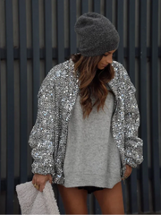 Women Fashion Sliver Sequins Patchwork Short Coats Elegant Zipper