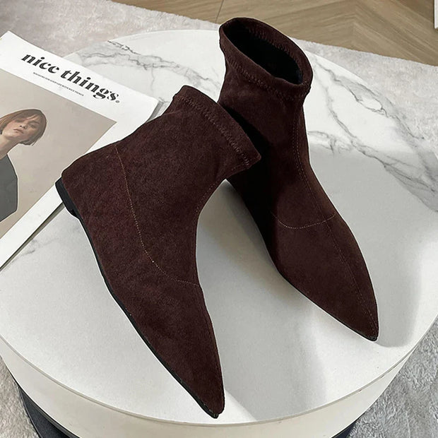 Pointed Toe Women Snow Ankle Boots Suede Flats Fashion Shoes