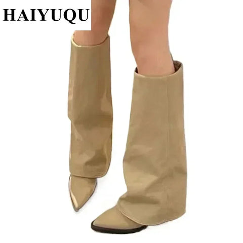 Knee High Heels Women Boots Leather Chunky Fashion Shoes