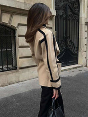 Spliced Contrast Woolen Coat Women Long Sleeve Thicken Jacket