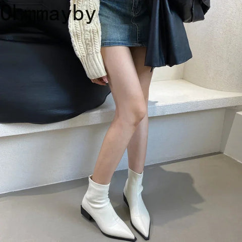 Pointed Toe Women Ankle Boots Fashion Thick Heel Short Booties