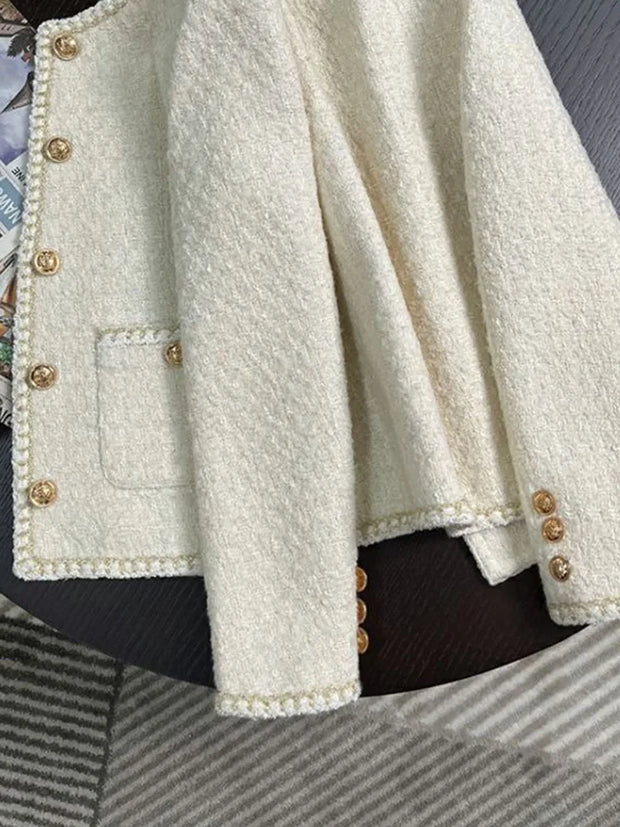 Chic White Tweed Jackets Women Long Sleeve Sweet Coat Fashion