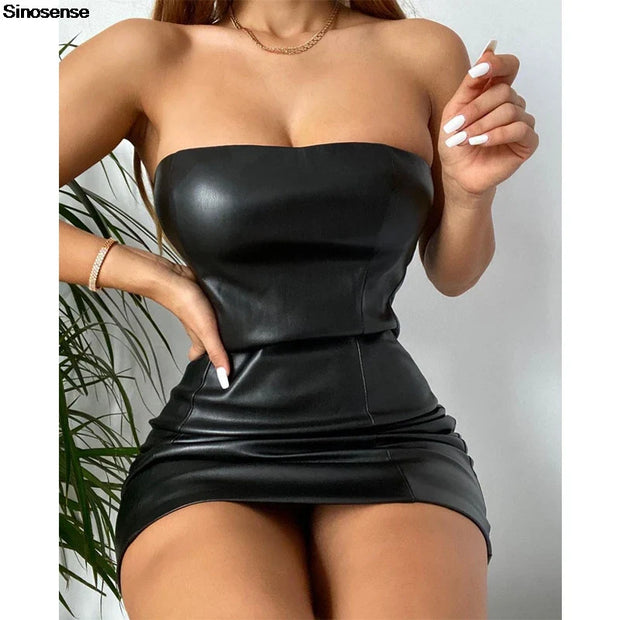 Women Faux Leather Strapless Tube Top Mini Dress Stretchy Latex Dress