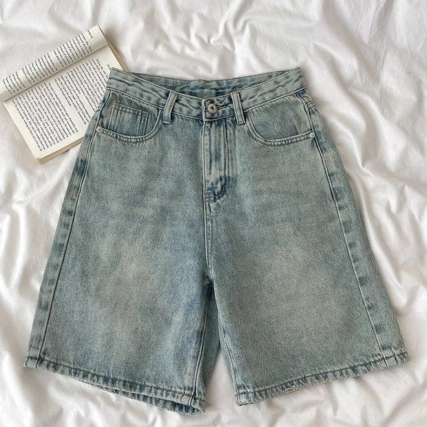 Retro Denim Shorts Women High Waist Loose Leg Straight Short Pants