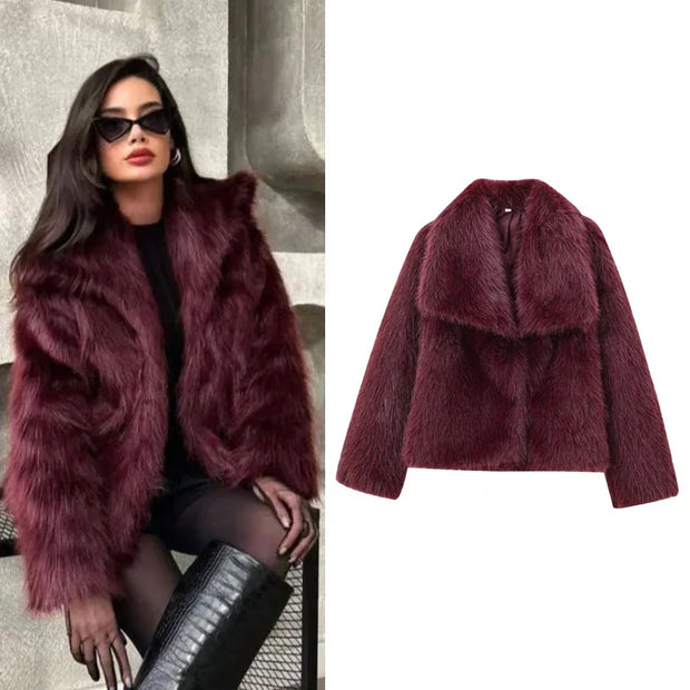 Fur Coat Women 2024 Plush Burgundy Bomber Jacket