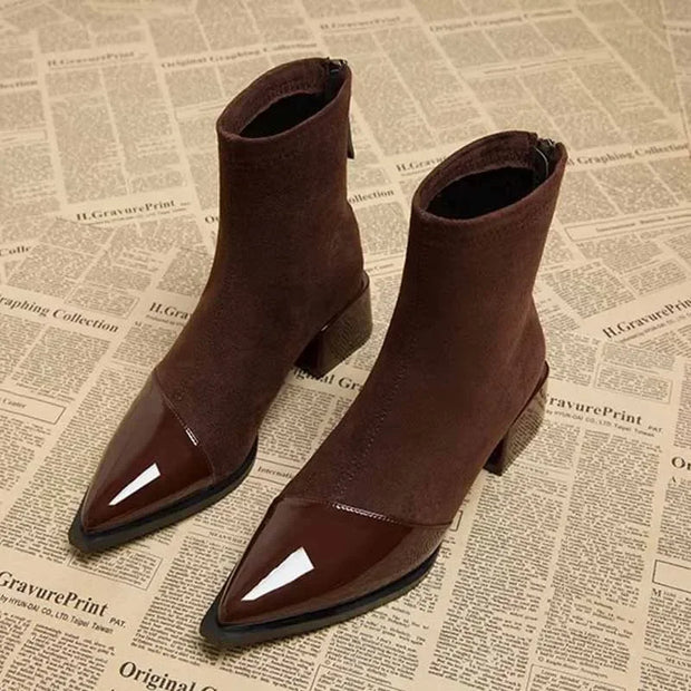 Ankle Boots Women Chunky Mid Heels Shoes Woman Pointed Toe 2024